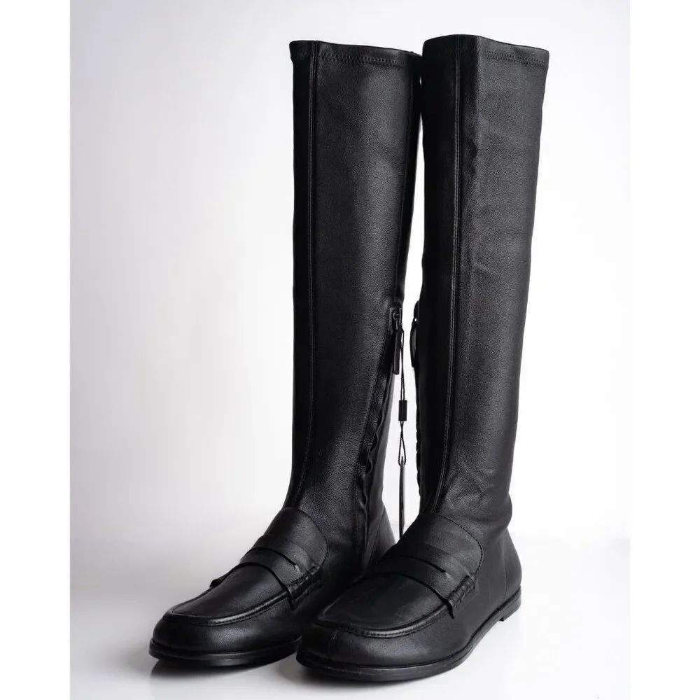 Massimo Dutti Women Knee High Leather Loafer Boots Black US 9 EU 40 New 1018/450